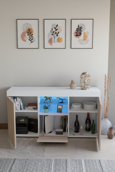 Led Aydınlatmalı Cam Raflı Modern Konsol | Kapaklı ve Açık Raflı Çok Amaçlı Şık Depolama Büfesi | Salon ve Yemek Odası Kullanımına Uygun Sonomo-Beyaz