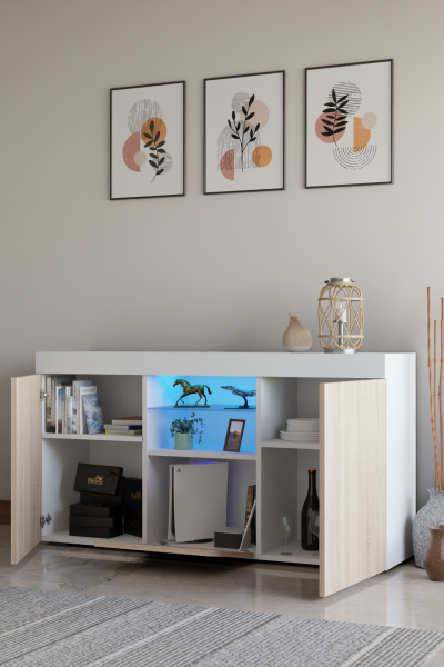 Led Aydınlatmalı Cam Raflı Modern Konsol | Kapaklı ve Açık Raflı Çok Amaçlı Şık Depolama Büfesi | Salon ve Yemek Odası Kullanımına Uygun Sonomo-Beyaz