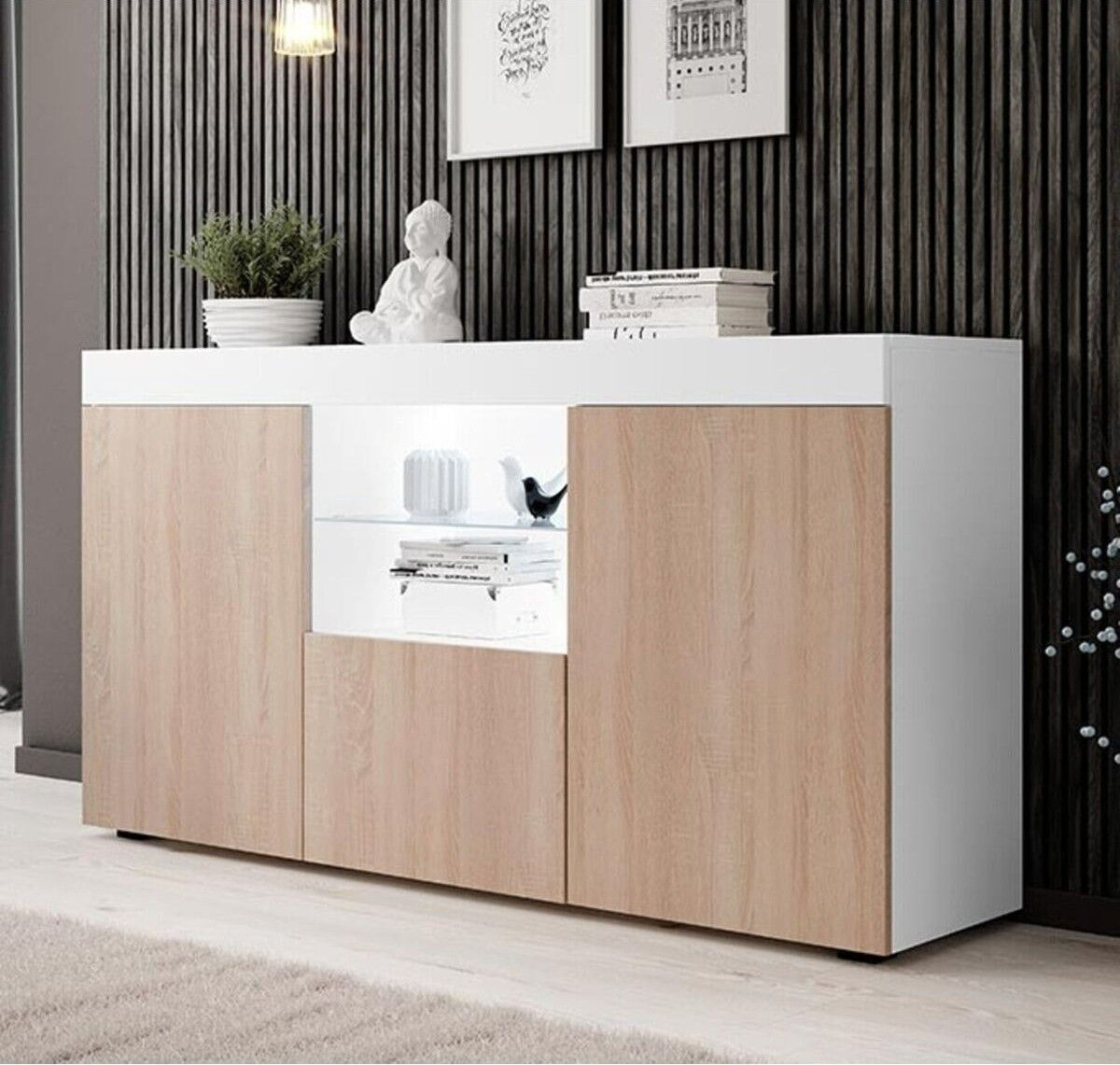 Led Aydınlatmalı Cam Raflı Modern Konsol | Kapaklı ve Açık Raflı Çok Amaçlı Şık Depolama Büfesi | Salon ve Yemek Odası Kullanımına Uygun Sonomo-Beyaz
