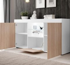 Led Aydınlatmalı Cam Raflı Modern Konsol | Kapaklı ve Açık Raflı Çok Amaçlı Şık Depolama Büfesi | Salon ve Yemek Odası Kullanımına Uygun Sonomo-Beyaz