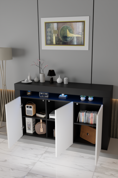 Led Aydınlatmalı Modern Konsol | Kapaklı Çok Gözlü Depolama Ünitesi | Salon ve Yemek Odası İçin Şık Büfe Tasarımı Siyah Beyaz Mat