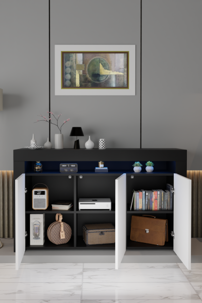 Led Aydınlatmalı Modern Konsol | Kapaklı Çok Gözlü Depolama Ünitesi | Salon ve Yemek Odası İçin Şık Büfe Tasarımı Siyah Beyaz Mat