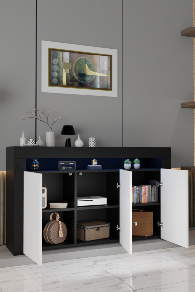 Led Aydınlatmalı Modern Konsol | Kapaklı Çok Gözlü Depolama Ünitesi | Salon ve Yemek Odası İçin Şık Büfe Tasarımı Siyah Beyaz Mat