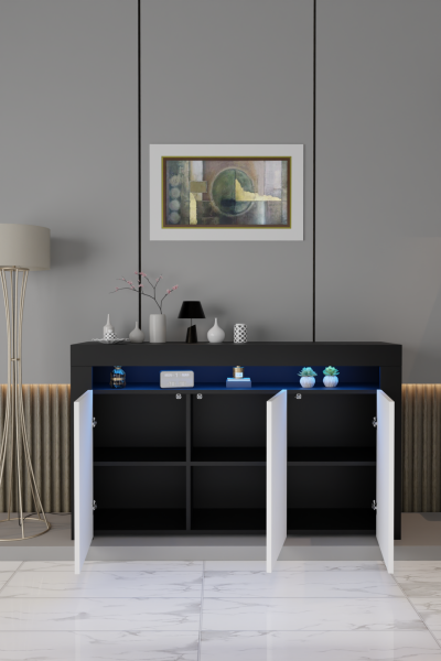 Led Aydınlatmalı Modern Konsol | Kapaklı Çok Gözlü Depolama Ünitesi | Salon ve Yemek Odası İçin Şık Büfe Tasarımı Siyah Beyaz Mat