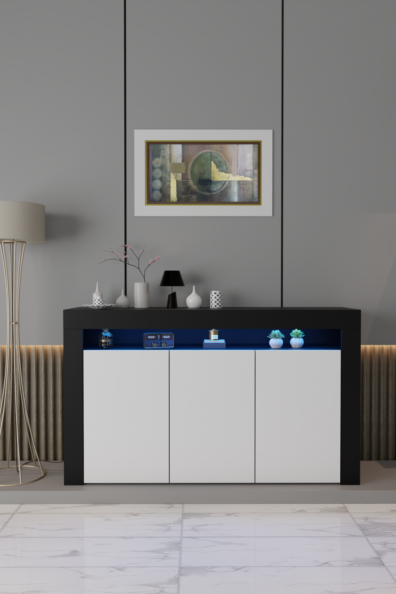 Led Aydınlatmalı Modern Konsol | Kapaklı Çok Gözlü Depolama Ünitesi | Salon ve Yemek Odası İçin Şık Büfe Tasarımı Siyah Beyaz Mat