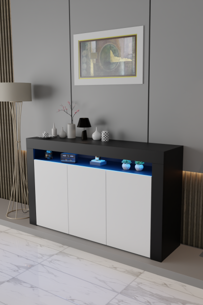 Led Aydınlatmalı Modern Konsol | Kapaklı Çok Gözlü Depolama Ünitesi | Salon ve Yemek Odası İçin Şık Büfe Tasarımı Siyah Beyaz Mat