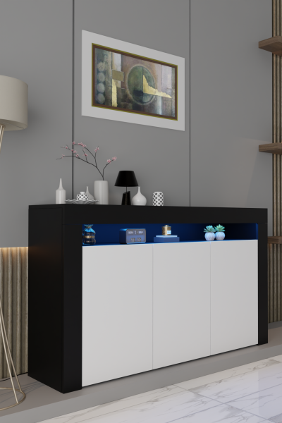 Led Aydınlatmalı Modern Konsol | Kapaklı Çok Gözlü Depolama Ünitesi | Salon ve Yemek Odası İçin Şık Büfe Tasarımı Siyah Beyaz Mat