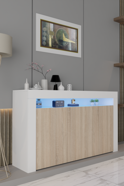 Led Aydınlatmalı Modern Konsol | Kapaklı Çok Gözlü Depolama Ünitesi | Salon ve Yemek Odası İçin Şık Büfe Tasarımı  Beyaz Mat-Sonomo