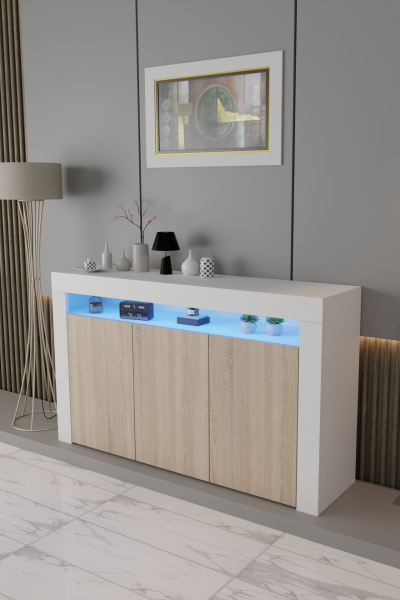 Led Aydınlatmalı Modern Konsol | Kapaklı Çok Gözlü Depolama Ünitesi | Salon ve Yemek Odası İçin Şık Büfe Tasarımı  Beyaz Mat-Sonomo