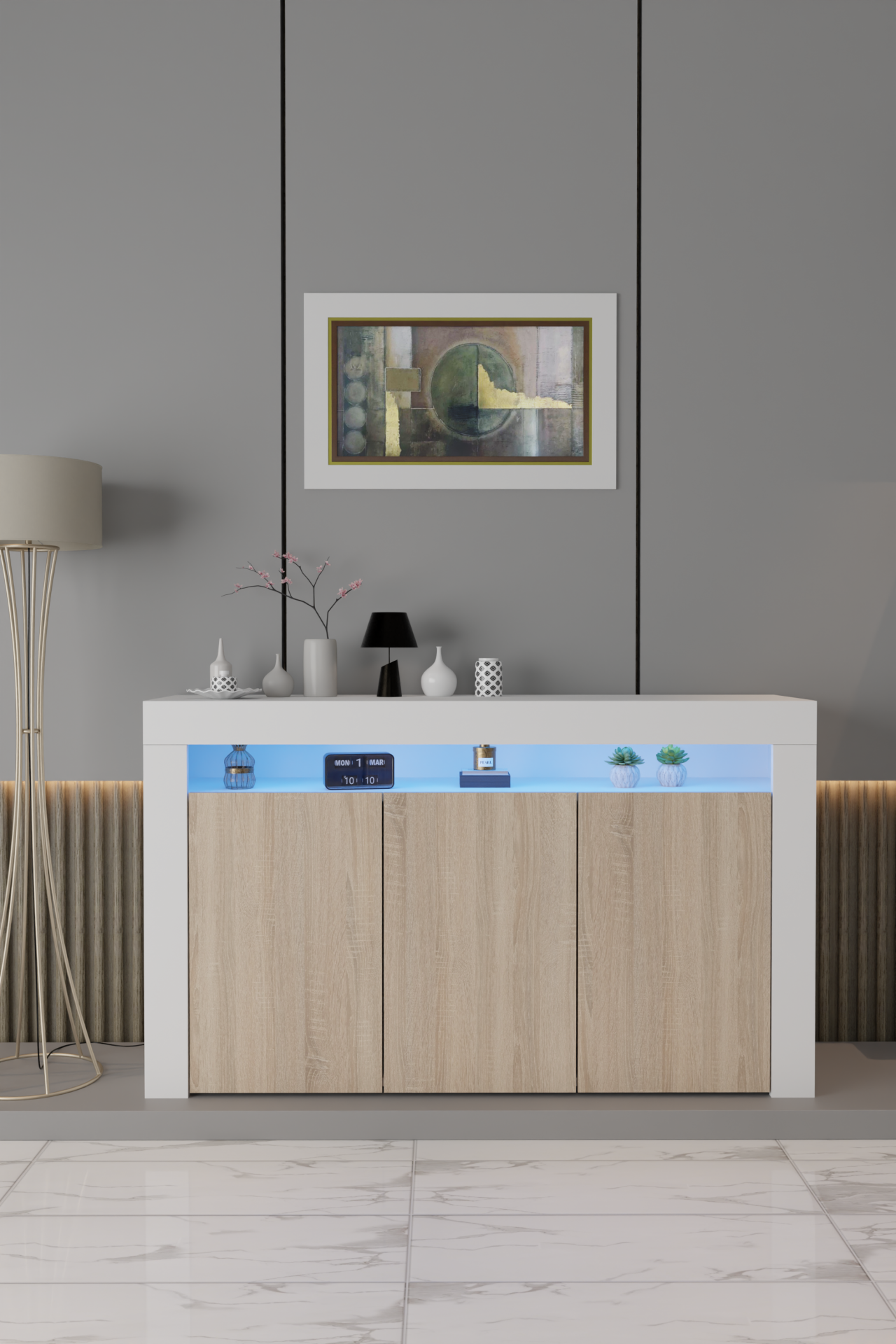 Led Aydınlatmalı Modern Konsol | Kapaklı Çok Gözlü Depolama Ünitesi | Salon ve Yemek Odası İçin Şık Büfe Tasarımı  Beyaz Mat-Sonomo