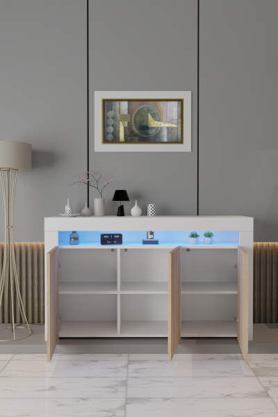 Led Aydınlatmalı Modern Konsol | Kapaklı Çok Gözlü Depolama Ünitesi | Salon ve Yemek Odası İçin Şık Büfe Tasarımı  Beyaz Mat-Sonomo