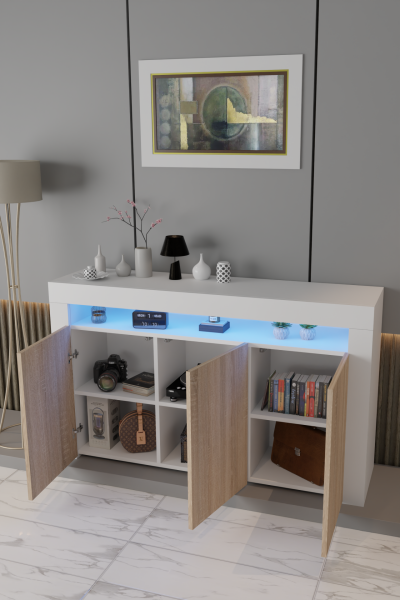 Led Aydınlatmalı Modern Konsol | Kapaklı Çok Gözlü Depolama Ünitesi | Salon ve Yemek Odası İçin Şık Büfe Tasarımı  Beyaz Mat-Sonomo