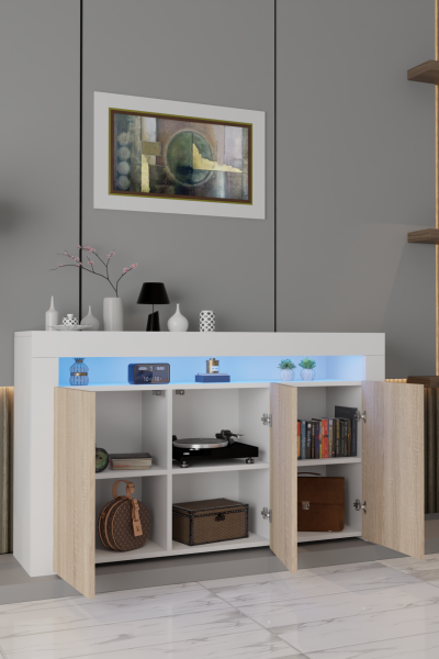 Led Aydınlatmalı Modern Konsol | Kapaklı Çok Gözlü Depolama Ünitesi | Salon ve Yemek Odası İçin Şık Büfe Tasarımı  Beyaz Mat-Sonomo