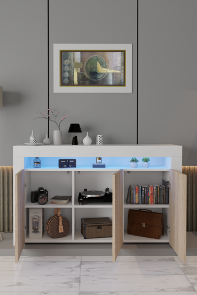 Led Aydınlatmalı Modern Konsol | Kapaklı Çok Gözlü Depolama Ünitesi | Salon ve Yemek Odası İçin Şık Büfe Tasarımı  Beyaz Mat-Sonomo