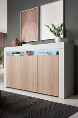 Led Aydınlatmalı Modern Konsol | Kapaklı Çok Gözlü Depolama Ünitesi | Salon ve Yemek Odası İçin Şık Büfe Tasarımı  Beyaz Mat-Sonomo