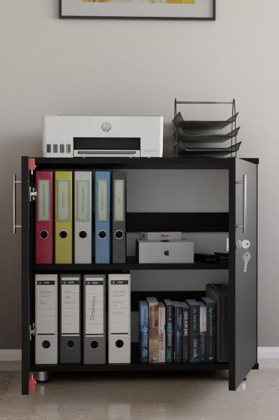 Kilitli Raflı Dolap | Çift Kapaklı Çok Amaçlı Saklama Ünitesi | Ofis, Ev ve Atölye Kullanımına Uygun Düzenleyici Dolap Siyah