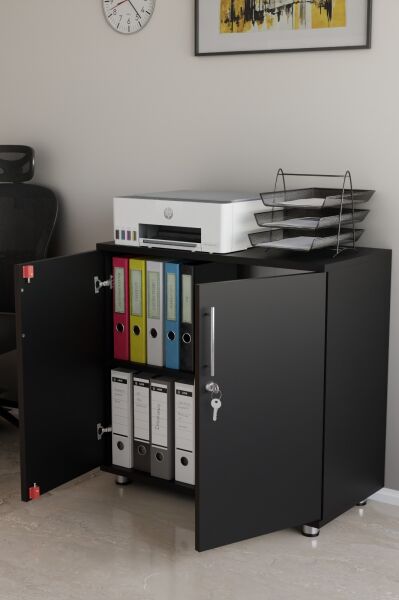 Kilitli Raflı Dolap | Çift Kapaklı Çok Amaçlı Saklama Ünitesi | Ofis, Ev ve Atölye Kullanımına Uygun Düzenleyici Dolap Siyah