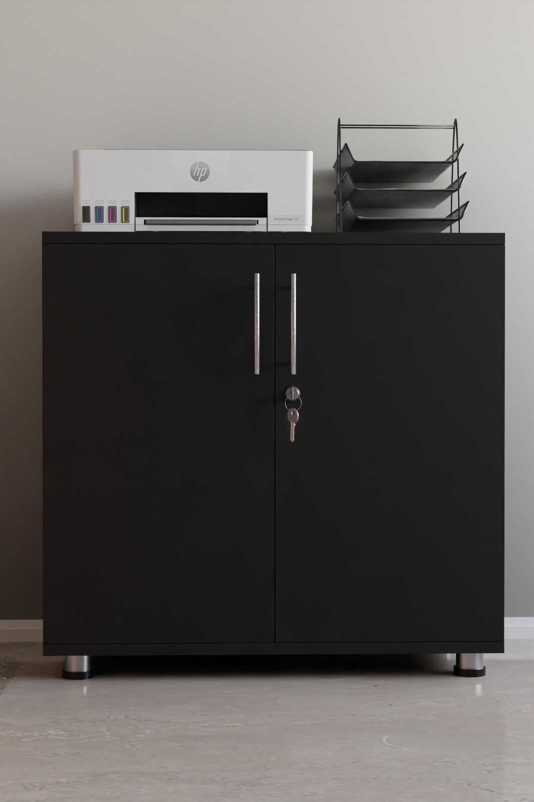 Kilitli Raflı Dolap | Çift Kapaklı Çok Amaçlı Saklama Ünitesi | Ofis, Ev ve Atölye Kullanımına Uygun Düzenleyici Dolap Siyah