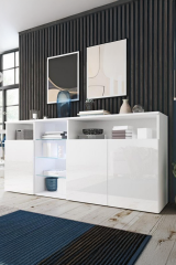 LED Işıklı Cam Raflı Modern Konsol | Geniş Saklama Alanlı Şık Dolap | Salon ve Yemek Odası İçin Dekoratif Tasarım Beyaz