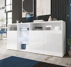 LED Işıklı Cam Raflı Modern Konsol | Geniş Saklama Alanlı Şık Dolap | Salon ve Yemek Odası İçin Dekoratif Tasarım Beyaz