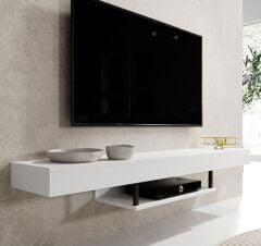 Duvara Monte Modern TV Ünitesi | Minimalist Tasarımlı 150 cm Şık Raflı TV Altlığı | Askılı Konsol Modeli Beyaz