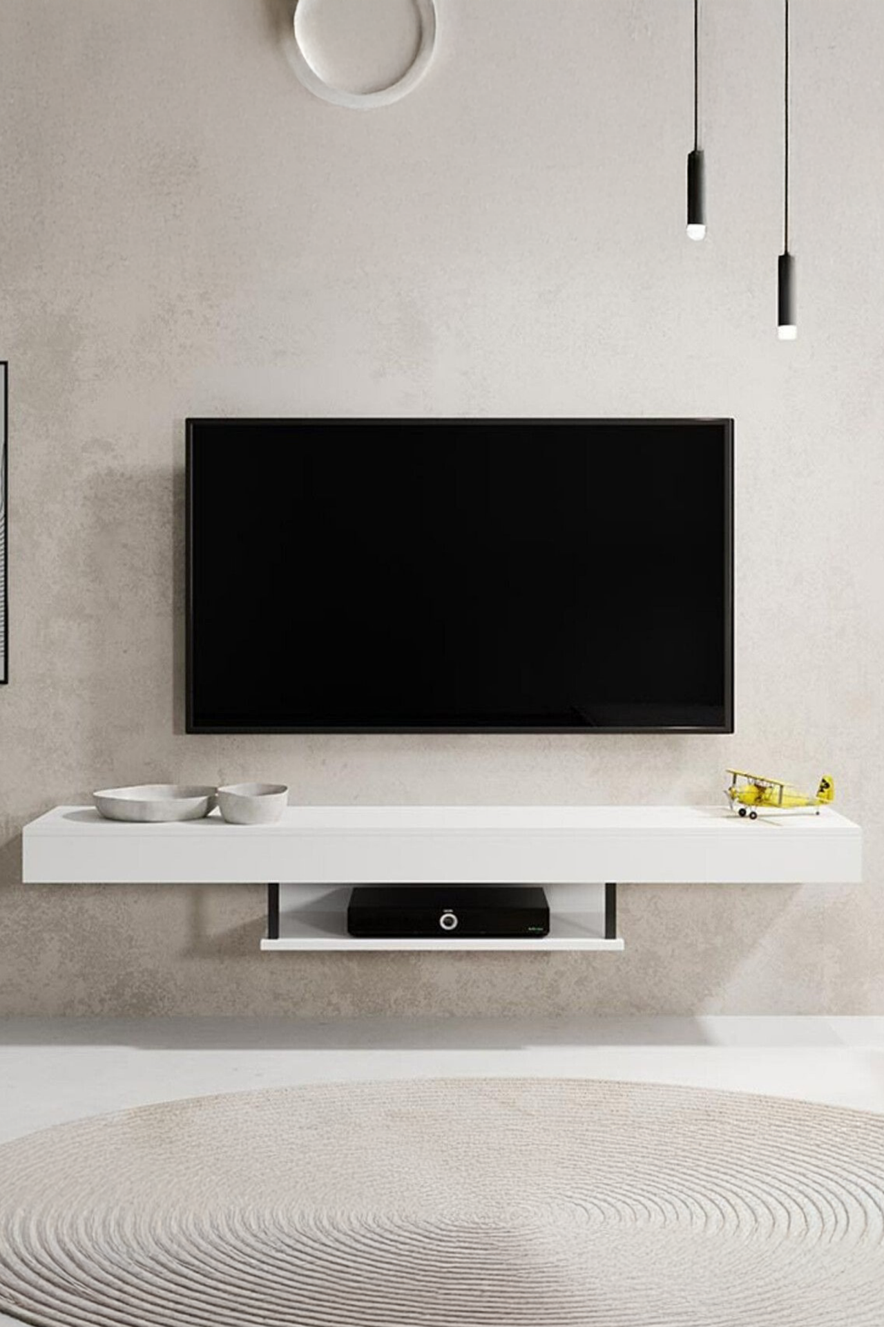 Duvara Monte Modern TV Ünitesi | Minimalist Tasarımlı 150 cm Şık Raflı TV Altlığı | Askılı Konsol Modeli Beyaz