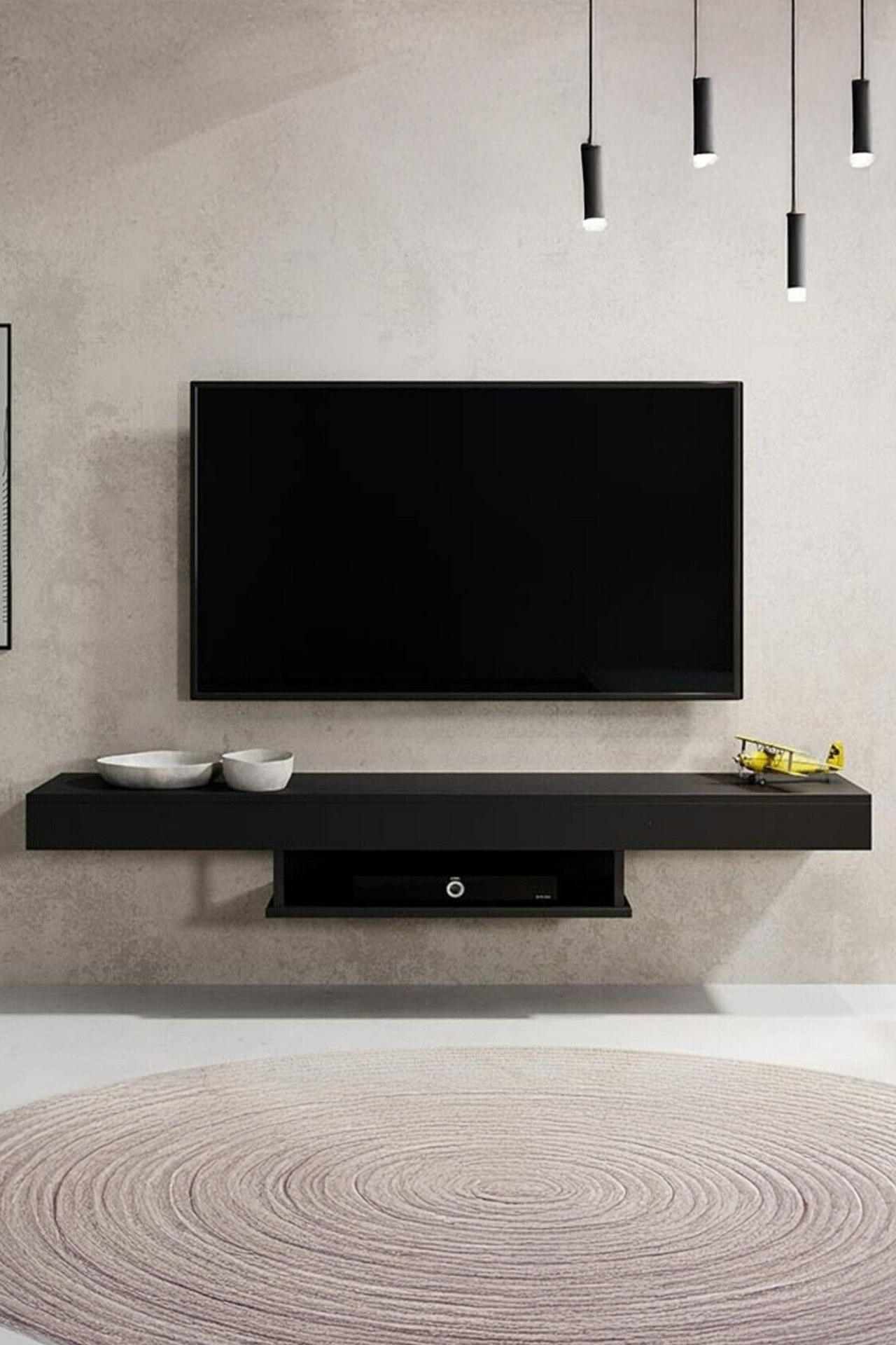 Duvara Monte Modern TV Ünitesi | Minimalist Tasarımlı 150 cm Şık Raflı TV Altlığı | Askılı Konsol Modeli Siyah