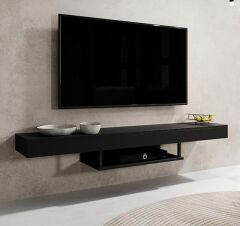 Duvara Monte Modern TV Ünitesi | Minimalist Tasarımlı 150 cm Şık Raflı TV Altlığı | Askılı Konsol Modeli Siyah