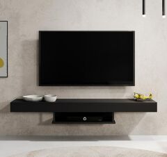 Duvara Monte Modern TV Ünitesi | Minimalist Tasarımlı 150 cm Şık Raflı TV Altlığı | Askılı Konsol Modeli Siyah