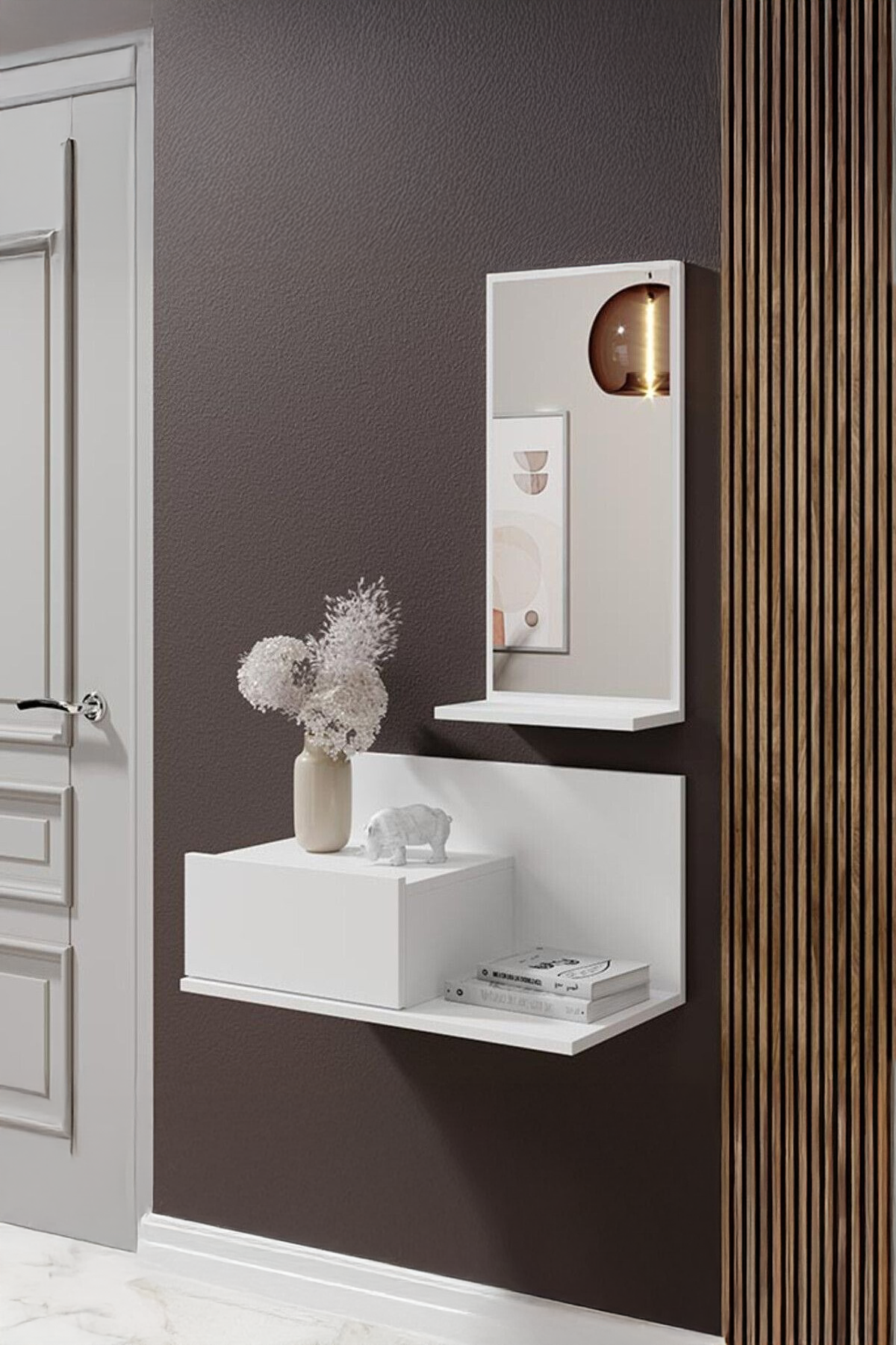 Dekoratif Aynalı Duvara Monte Dresuar | Çekmeceli Modern Giriş ve Antre Ünitesi Beyaz