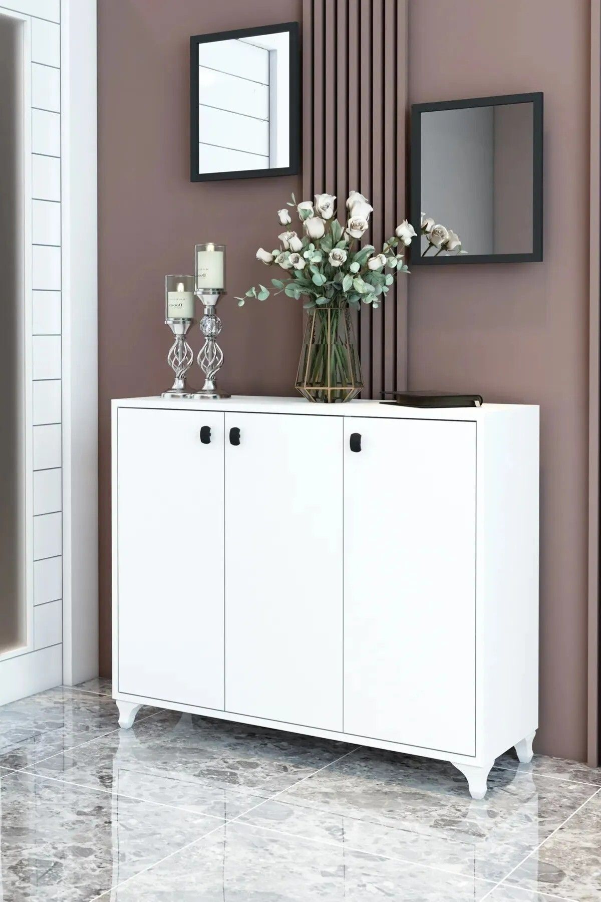 3 Kapaklı Modern Beyaz Ayakkabılık | Portmanto Şık Giriş Dolabı | Çok Raflı Ayakkabı Dolabı