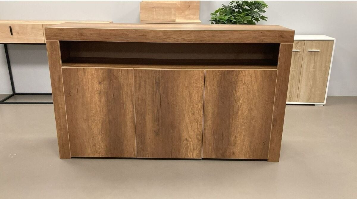 LED Aydınlatmalı 3 Kapaklı Ceviz Renk Modern Konsol Büfe | Geniş Depolama Alanlı Şık Salon Dolabı