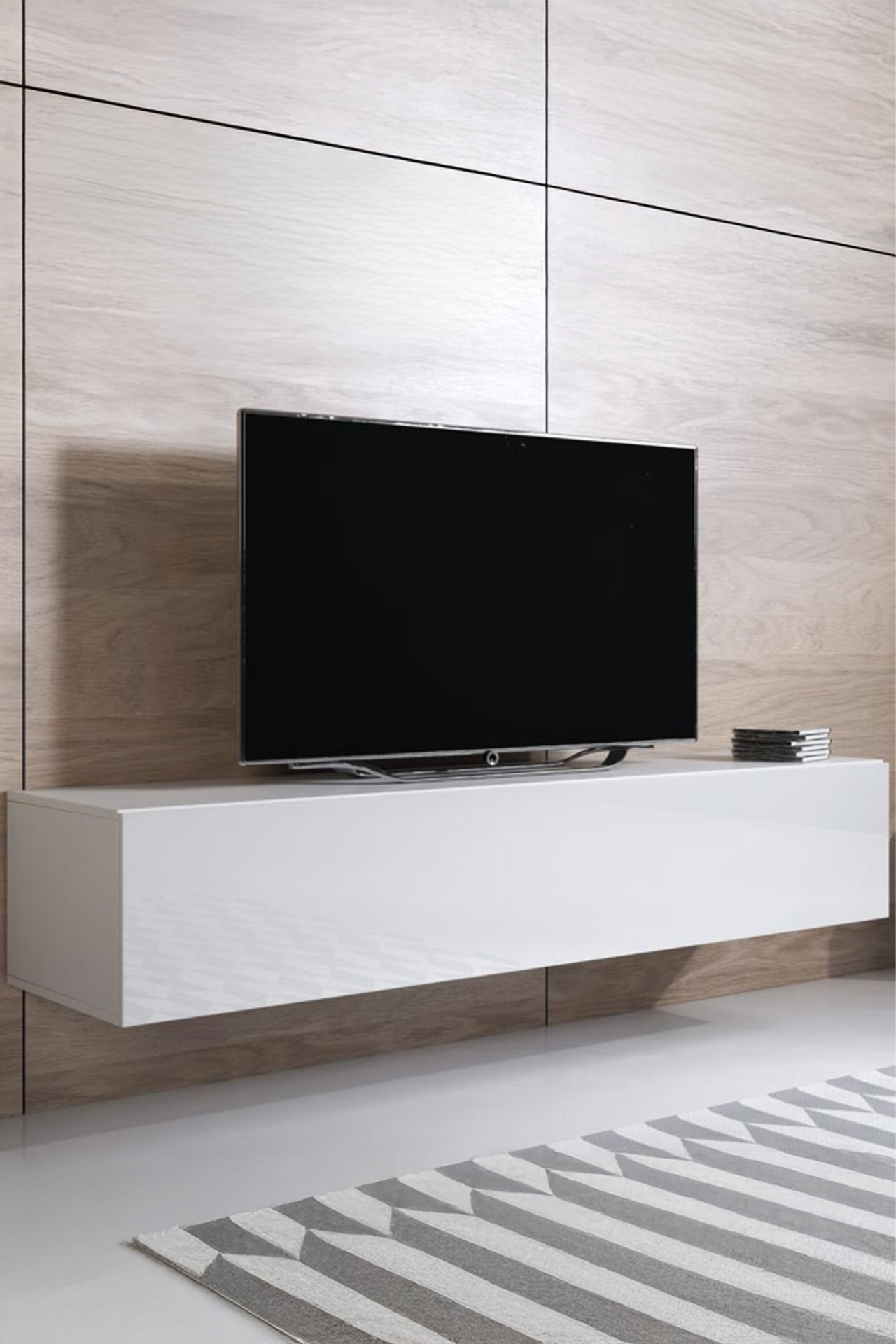 Modern TV Ünitesi Duvara Monte Kapaklı TV Sehpası Minimal Salon Raflı Depolama Ünitesi Beyaz 160cm