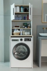 Çamaşır Makinesi Üstü Çok Amaçlı Banyo Dolabı Kapaklı ve Raflı, Depolama Alanı, Modern Tasarım Dolap Beyaz-Sonoma