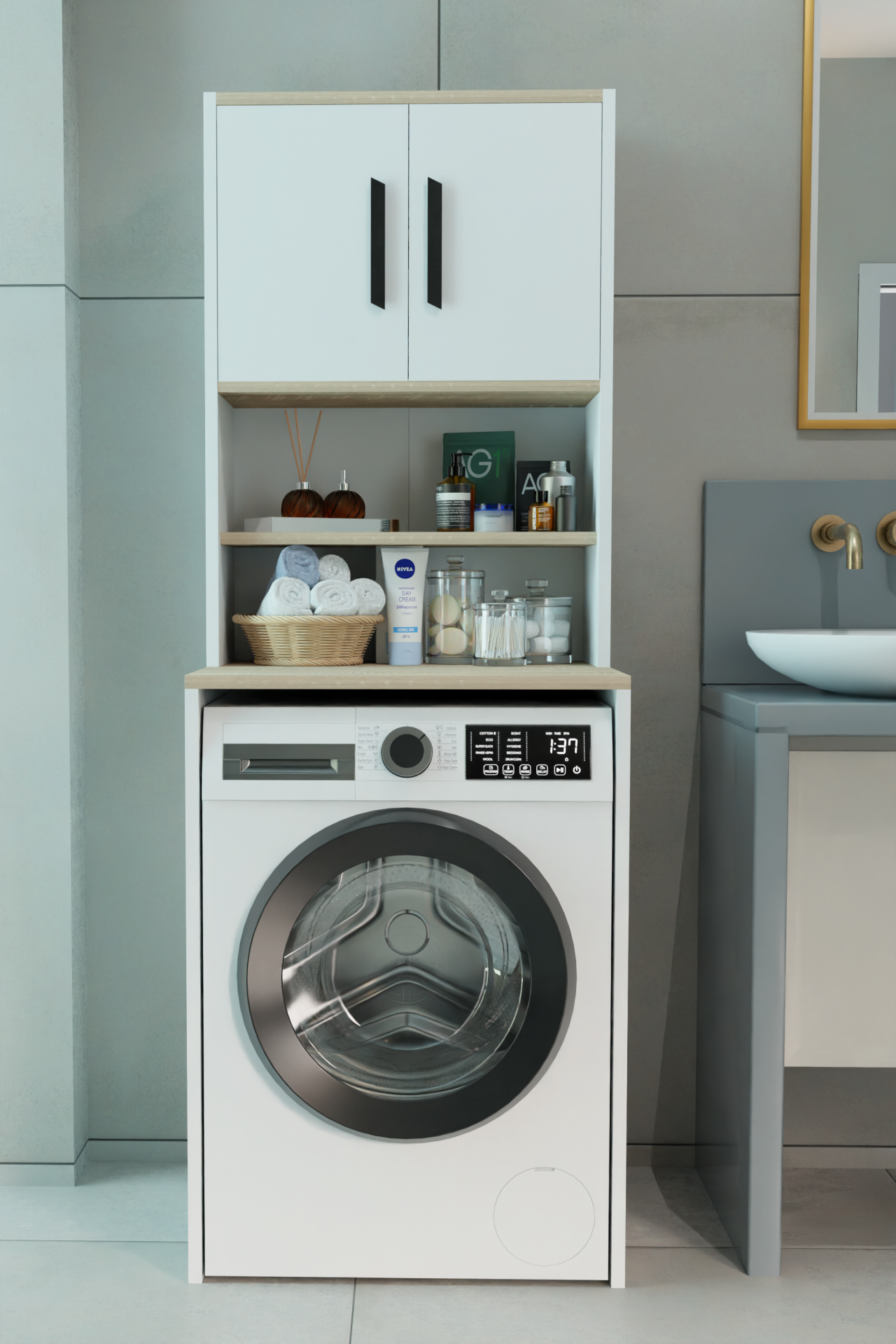 Çamaşır Makinesi Üstü Çok Amaçlı Banyo Dolabı Kapaklı ve Raflı, Depolama Alanı, Modern Tasarım Dolap Beyaz-Sonoma