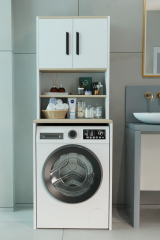 Çamaşır Makinesi Üstü Çok Amaçlı Banyo Dolabı Kapaklı ve Raflı, Depolama Alanı, Modern Tasarım Dolap Beyaz-Sonoma