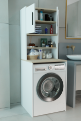 Çamaşır Makinesi Üstü Çok Amaçlı Banyo Dolabı Kapaklı ve Raflı, Depolama Alanı, Modern Tasarım Dolap Beyaz-Sonoma