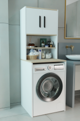 Çamaşır Makinesi Üstü Çok Amaçlı Banyo Dolabı Kapaklı ve Raflı, Depolama Alanı, Modern Tasarım Dolap Beyaz-Sonoma