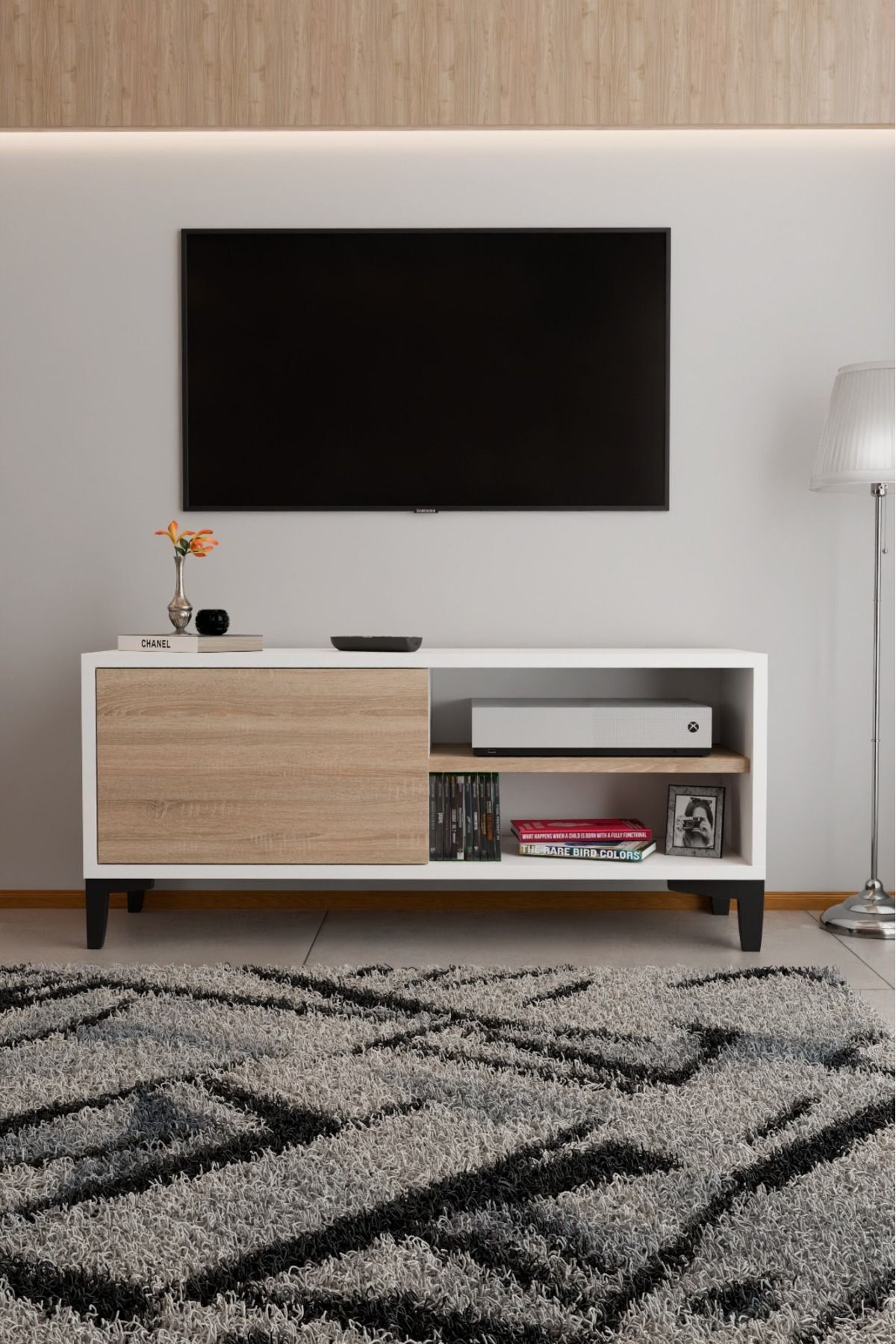 Modern TV Ünitesi Kapaklı Raflı TV Sehpası Salon İçin Minimal Tasarım Fonksiyonel TV Dolabı Beyaz Sonomo