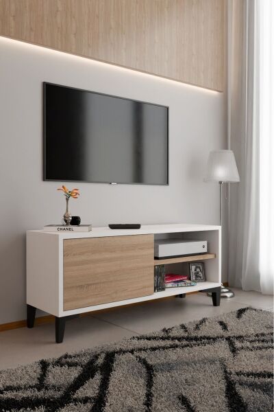 Modern TV Ünitesi Kapaklı Raflı TV Sehpası Salon İçin Minimal Tasarım Fonksiyonel TV Dolabı Beyaz Sonomo