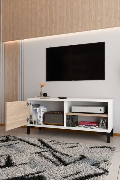 Modern TV Ünitesi Kapaklı Raflı TV Sehpası Salon İçin Minimal Tasarım Fonksiyonel TV Dolabı Beyaz Sonomo