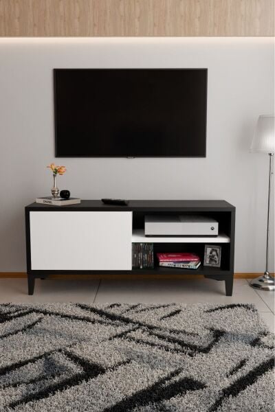 Modern TV Ünitesi Kapaklı Raflı TV Sehpası Salon İçin Minimal Tasarım Fonksiyonel TV Dolabı Siyah Beyaz
