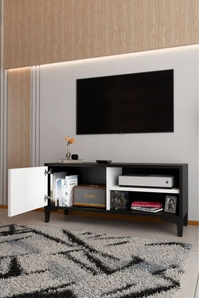 Modern TV Ünitesi Kapaklı Raflı TV Sehpası Salon İçin Minimal Tasarım Fonksiyonel TV Dolabı Siyah Beyaz