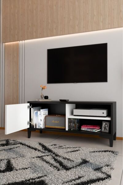 Modern TV Ünitesi Kapaklı Raflı TV Sehpası Salon İçin Minimal Tasarım Fonksiyonel TV Dolabı Siyah Beyaz
