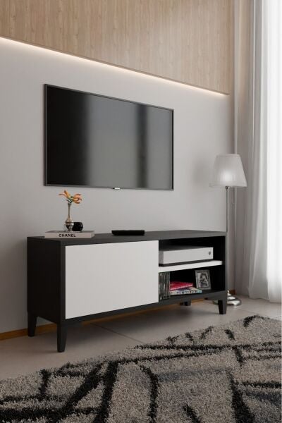 Modern TV Ünitesi Kapaklı Raflı TV Sehpası Salon İçin Minimal Tasarım Fonksiyonel TV Dolabı Siyah Beyaz