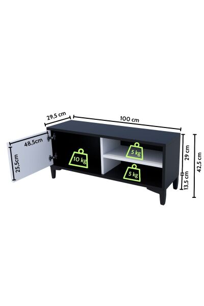 Modern TV Ünitesi Kapaklı Raflı TV Sehpası Salon İçin Minimal Tasarım Fonksiyonel TV Dolabı Siyah Beyaz