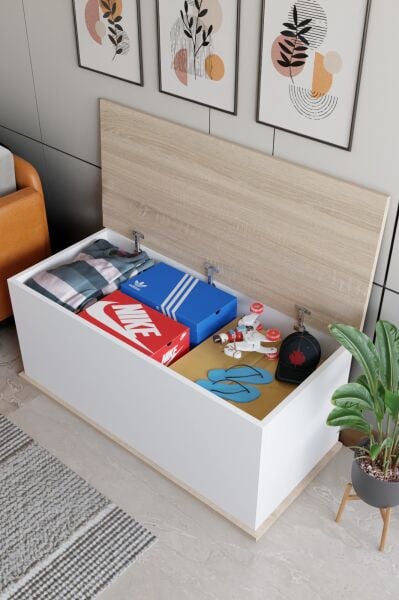 Çeyiz Sandığı Çok Amaçlı Saklama Kutusu Salon Antre Mobilyası Oyuncak Organizer Sandık 125x40 cm Beyaz Sonomo