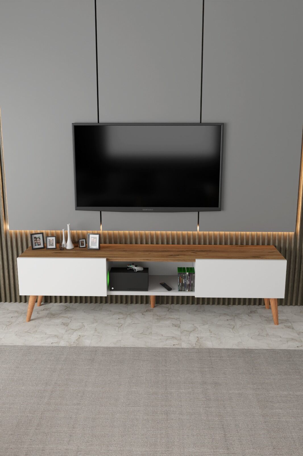 ECM Siesta Modern TV Ünitesi Atlantik Çam | Beyaz |  2 Kapaklı  | 1 Raflı |  Ahşap Ayaklı 150 cm