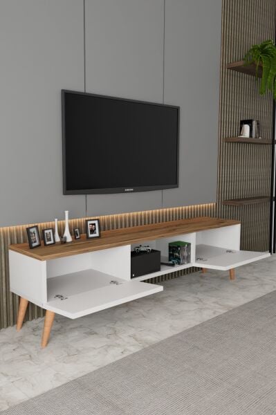 ECM Siesta Modern TV Ünitesi Atlantik Çam | Beyaz |  2 Kapaklı  | 1 Raflı |  Ahşap Ayaklı 150 cm