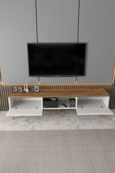 ECM Siesta Modern TV Ünitesi Atlantik Çam | Beyaz |  2 Kapaklı  | 1 Raflı |  Ahşap Ayaklı 150 cm